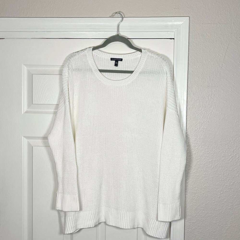 EILEEN FISHER Sweater Top Womens L Organic Cotton Slub Box-Top Flowy Pullover